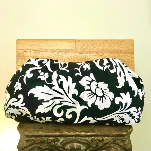 Floral Large Clutch Wooden Hand Bag Black White Summer Spring 100% Cotton Chic - Picture 1 of 16